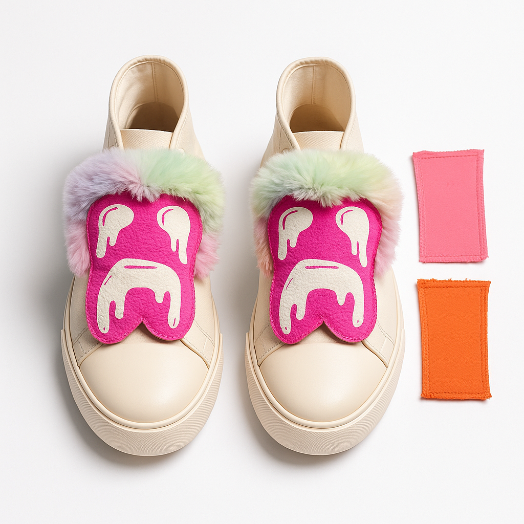 “Off-white sneaker with TungOut Hot Pink Face fur mask attachment”