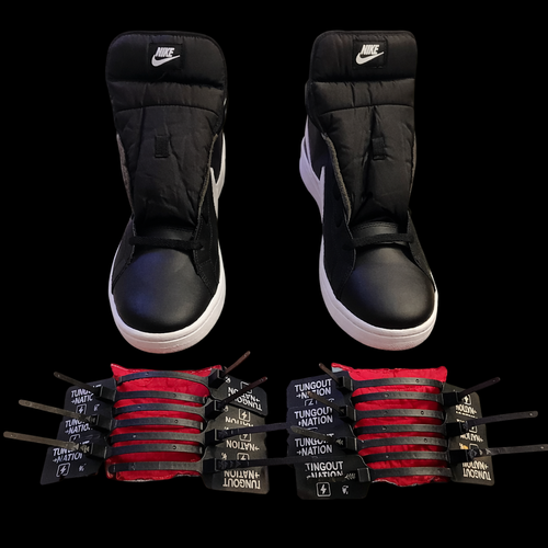 Weekday Multicolor Tongue Out attachment system showing seven color-coded sneaker tongue attachments on black sneakers
